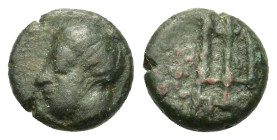 Poseidonia in Chalkidiki, c. 400 BC. AE 9mm (9,1mm 1,05g.). Head of Jung male (SKIONE) l. R/ Π Ο S trident (POTIDAIA). Unpublished? Good VF and extrem...