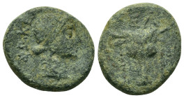 Phokis, Elateia. Early 2nd century BC. Æ (17mm, 4.55g). Head of bull facing, fillets hanging from ears; EΛ above. R/Laureate head of Apollo right; ΦΩK...