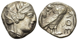 Attica, Athens, c. 454-404 BC. AR Tetradrachm (23mm, 17g). Helmeted head of Athena r., with frontal eye. R/ Owl standing r., head facing, closed tail ...