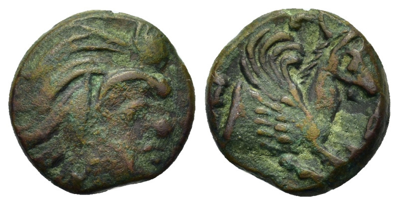 Cimmerian Bosporos, Pantikapaion, c. 310-304/3 BC. Æ (14mm, 2.6g). Head of a sat...