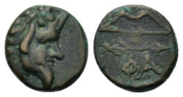 Cimmerian Bosporos, Phanagoreia, c.140-108 BC. Æ (11,9mm, 1.8g). Head of bearded satyr right. R/ Bow and arrow. MacDonald 157; SNG BM Black Sea 992-4....