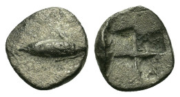 Mysia, Kyzikos, c. 500 BC. AR Obol (9mm, 0.52g). Tunny fish swimming l. R/ Quadripartite incuse square. Von Fritze II, 5; cf. SNG von Aulock 7328.