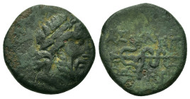 Mysia, Pergamon, c. 200-113 BC. Æ (16,1mm, 3.5g). Civic issue. Laureate head of Asclepios r. R/ Legend vertically downward to r. and l. of serpent-ent...