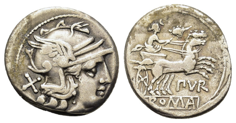 Furius Purpurio, Rome, 169-158 BC. AR Denarius (17,8mm, 3.3g). Helmeted head of ...