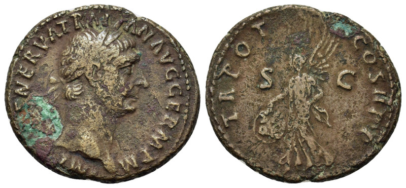 Trajan (98-117). Æ As (28,3mm, 11.4g). Rome, AD 98-99. Laureate head r. R/ Victo...