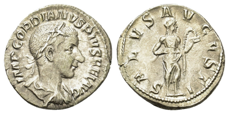 Gordian III (238-244). AR Denarius (19mm, 3.03g). Rome, AD 240. Laureate, draped...