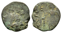 Barbarous Radiate, imitating Tetricus I or Victorinus (10,8mm, 0.6g). Radiate head r. R/ Uncertain figure standing l.