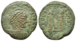 Barbaric issue, imitating Constantine I, c. 4th-5th century. Æ (18mm, 2.2g). Laureate, helmeted and cuirassed bust r. R/ Two victories standing facing...