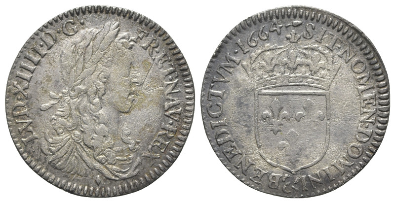 France, Kingdom. Louis XIV AR Luigino or 1/12 Écu. Lyon mint, 1664 D. • LVD • XI...