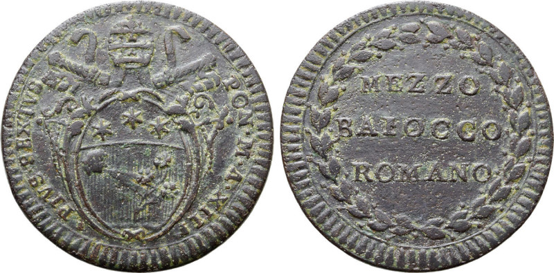 Italian States, Stato Pontificio (Papal States). Pius VI Æ Mezzo Baiocco. Rome m...