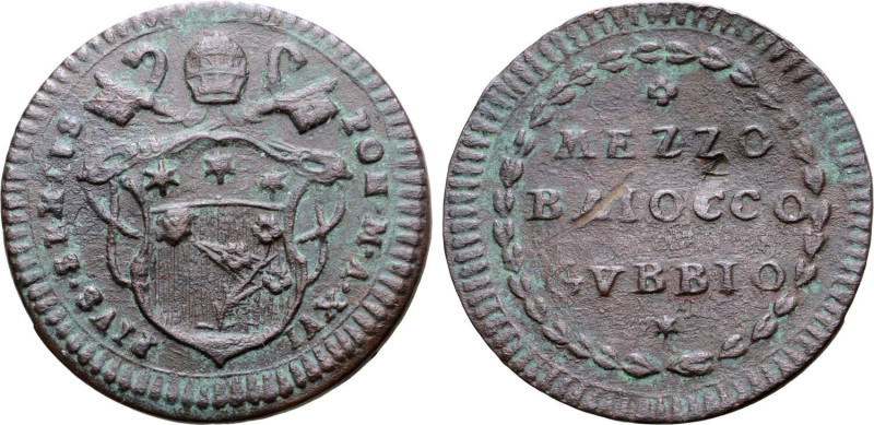 Italian States, Stato Pontificio (Papal States). Pius VI Æ Half Baioccho. Gubbio...