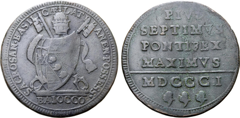 Italian States, Stato Pontificio (Papal States). Pius VII Æ Baiocco. Rome mint, ...