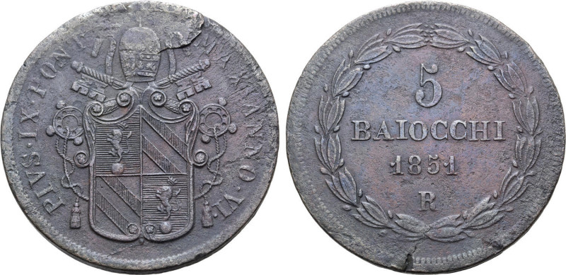 Italian States, Stato Pontificio (Papal States). Pius IX Æ 5 Baiocchi. Rome mint...