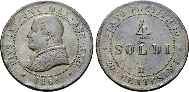 Italian States, Stato Pontificio (Papal States). Pius IX Æ 4 Soldi (20 Centesimi...