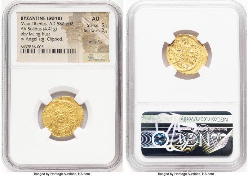 Maurice Tiberius (AD 582-602). AV solidus (21mm, 4.41 gm, 7h). NGC AU 5/5 - 2/5,...