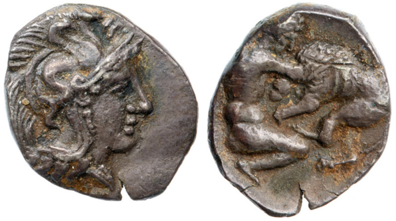 Calabria, Taras. Silver Diobol (0.98 g), ca. 302-228 BC Head of Athena right, we...