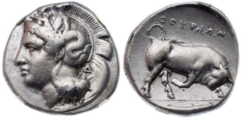 Lucania, Thourion. Silver Double Nomos (15.66 g), ca. 400-350 BC Head of Athena ...