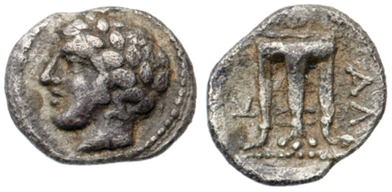 Macedonia, Chalkidian League. Silver Hemiobol (0.29 g), ca. 398-352 BC Laureate ...