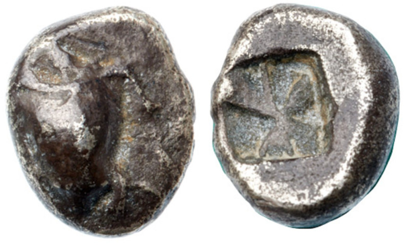 Islands off Attica, Aegina. Silver Obol (0.94 g), ca. 475-470 BC Sea turtle with...