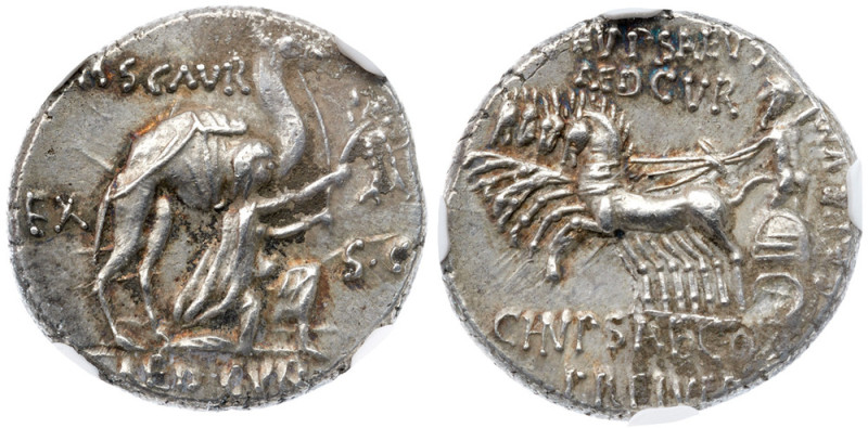 M. Aemilius Scaurus and Pub. Plautius Hypsaeus. Silver Denarius (3.87 g), 58 BC ...