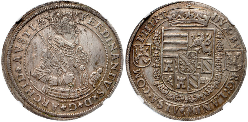 Archduke Ferdinand II (1564-1595). Silver Taler, nd. Ensisheim mint. Crowned and...