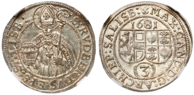 Salzburg. Max Gandolph v. Küenburg (1668-1687). 3 Kreuzer, 1681. Half-figure of ...