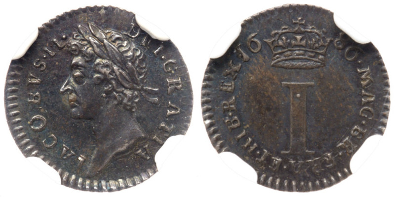 James II (1685-1688). Silver Maundy Penny, 1686. Laureate head left. Reverse: Cr...