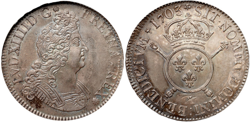 Louis XIV (1643-1715). Silver Ecu, 1703 A. Paris. Armored, peruked bust right. R...