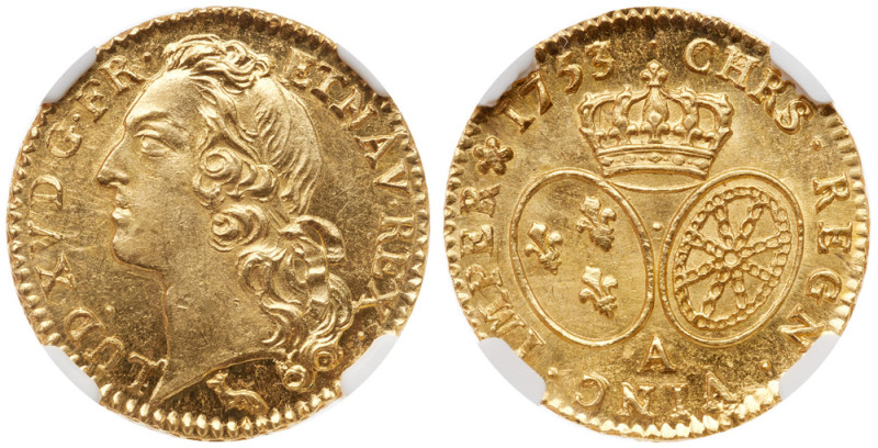 Louis XV (1715-1774). Gold Louis d’or au bandeau, 1753 A. Paris mint. Beribboned...