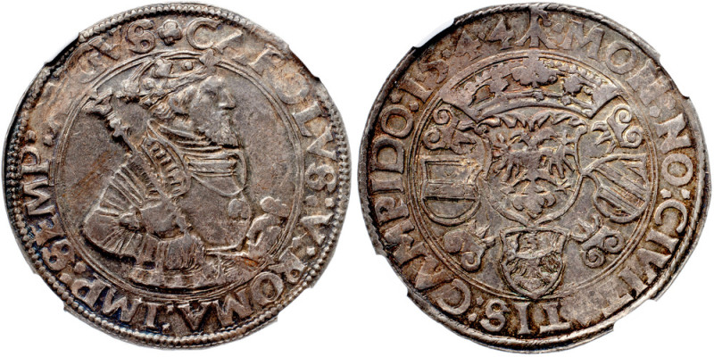 Kempten. Freiestadt. Silver Taler, 1544. 28.98g. Crowned and armored half-figure...