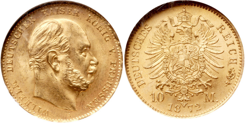 Prussia. Wilhelm I (1861-1888). Gold 10 Mark, 1872 A. Berlin. Bare head right. R...