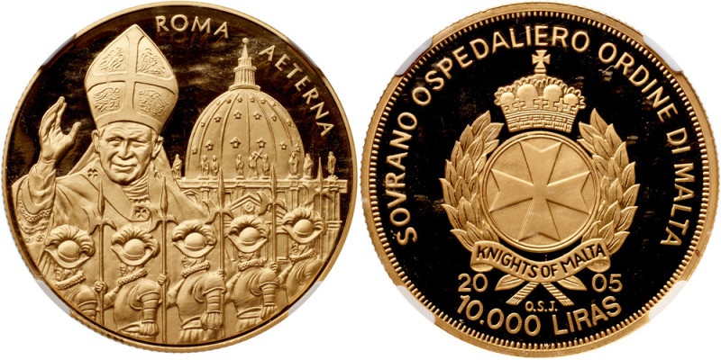 Gold Proof 10,000 Liras, 2004. In honor of Pope John Paul II. John Paul II facin...