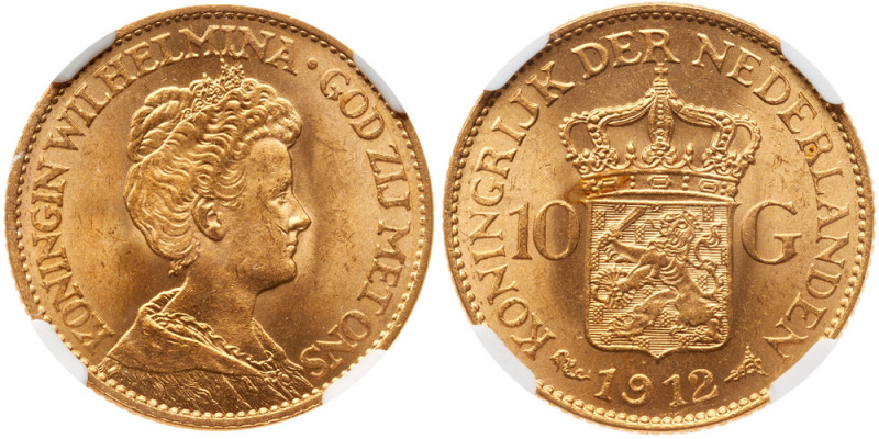 Wilhelmina (1890-1948). Gold 10 Gulden, 1912. Crowned and draped young bust righ...