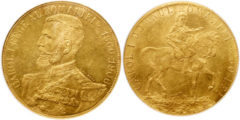 Carol I, as King (1881-1914). Gold 50 Lei, 1906. On the 40th Anniversary of his ...