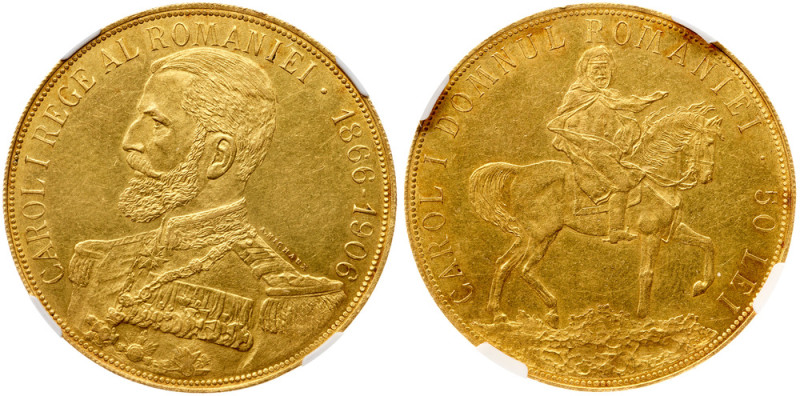 Carol I, as King (1881-1914). Gold 50 Lei, 1906. On the 40th Anniversary of his ...