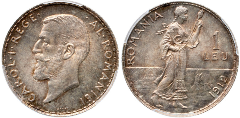 Carol I, as King (1881-1914). Silver 1 Lei, 1912. Brussels. Head left. Reverse: ...