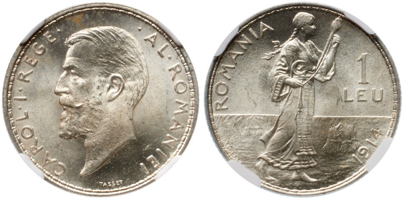 Carol I, as King (1881-1914). Silver 1 Lei, 1914. Brussels. Head left. Reverse: ...