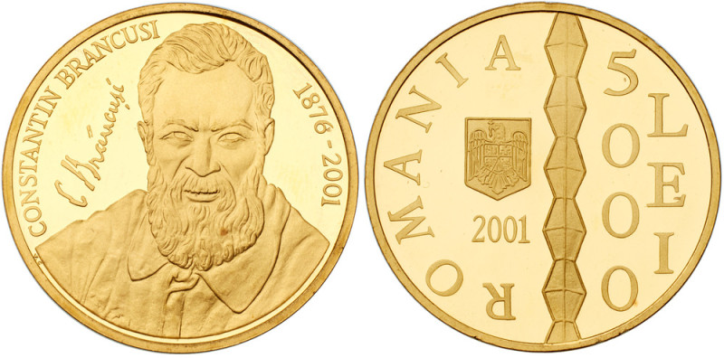 Republic. Gold 5000 Lei, 2001. 125th Anniversary of the Birth of Constantin Brân...