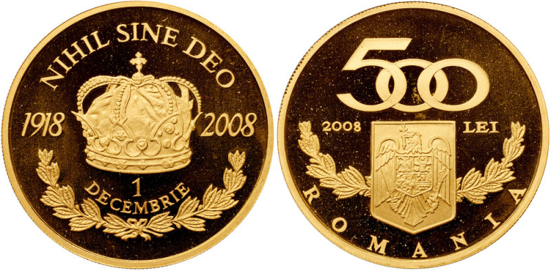 Republic. Gold Proof 500 Lei, 2008. 90th anniversary of the Grand Union of 1918....