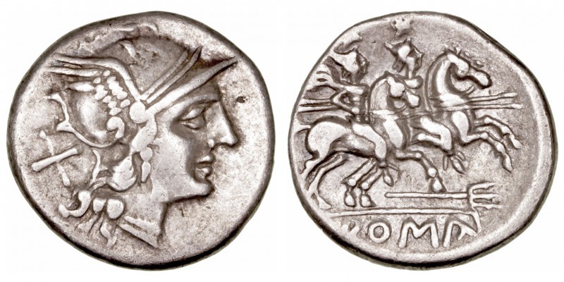 Anónimo. Denario. AR. (200-190 a.C.). A/Cabeza de Roma a der., detrás X. R/Los D...