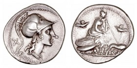 Anónimo. Denario. AR. (115-114 a.C.). A/Cabeza de Roma a der., detrás X y bajo el cuello ROMA. R/Roma con cetro sentada a der. sobre dos escudos, dela...