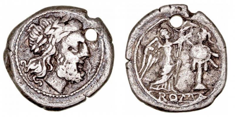 Anónimo. Victoriato. AR. Roma. (205-150 a.C.). A/Cabeza de Júpiter a der. R/Vict...