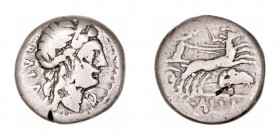 Aelia. Denario. AR. Roma. (92 a.C.). A/Cabeza diademada de Diana a der., delante D y detrás (BALA). R/Diana en biga llevada por ciervos a der., debajo...