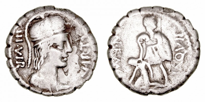 Aquillia. Denario. AR. (71 a.C.). A/Cabeza de la Virtud a der., detrás III VIR y...
