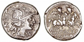 Atilia. Denario. AR. Roma. (148 a.C.). A/Cabeza de Roma a der., delante X, detrás SARAN. R/Los Dioscuros a caballo a der., debajo M · ATILI y en exerg...
