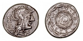 Caecilia. Denario. AR. Roma. (125 a.C.). A/Cabeza de Roma a der., detrás ROMA. R/Escudo macedonio, alrededor M · METELLVS · Q · F. 3.89g. FFC.204. Bon...