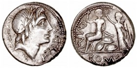 Caecilia. Denario. AR. Roma. (96 a.C.). A/Cabeza laureada de Apolo a der., debajo del cuello estrella, detrás (L· METEL), delante A· ALB· S·F. R/Roma ...