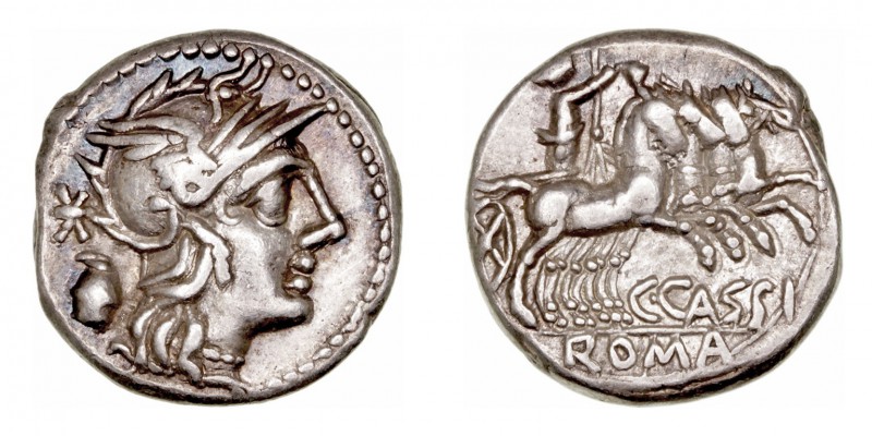 Cassia. Denario. AR. Roma. (126 a.C.). A/Cabeza de Roma a der., detrás X sobre u...