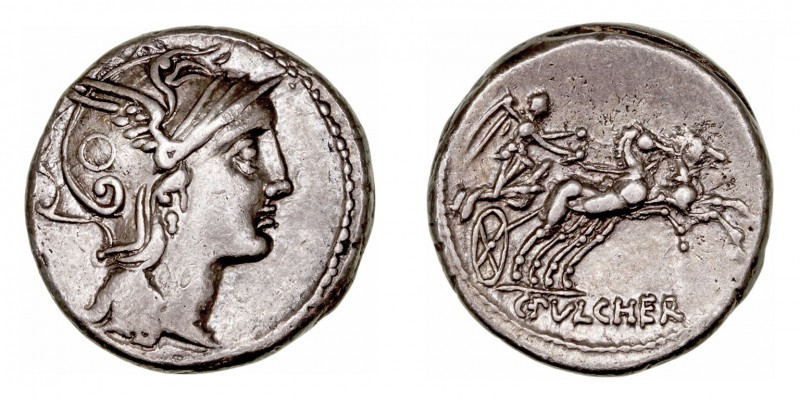 Claudia. Denario. AR. Roma. (110-109 a.C.). A/Cabeza de Roma a der. R/Victoria e...