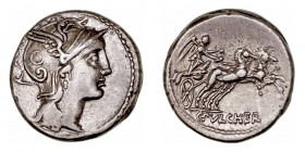 Claudia. Denario. AR. Roma. (110-109 a.C.). A/Cabeza de Roma a der. R/Victoria en biga a der., en exergo C· PVLCHER. 3.96g. FFC.565. Bonita pátina de ...